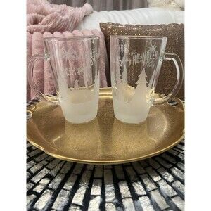 Starbucks 2009 Frosted Glass Christmas Latte Mugs Wish For Flying Reindeer Snow